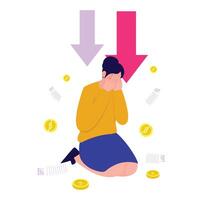 A woman covers her face in sorrow under arrows and scattered debt papers. vector