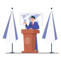 A diplomat or leader standing at a podium delivering a speech in front of international flags and a world map. vector