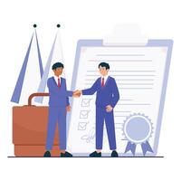 Two men in suits shaking hands in front of a legal document symbolizing a successful agreement. vector