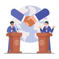 Two politicians debate at podiums in front of a globe with a handshake symbolizing diplomacy and agreement. vector