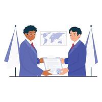 Two men in suits exchanging a signed official document in front of flags and a map. vector