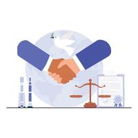 A handshake in front of a globe, symbolizing peace, diplomacy, justice, and international balance. vector