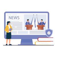A political debate is broadcast on the news, with two diplomats presenting views at podiums, observed by a journalist. vector