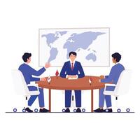 Three representatives sit at a round table in front of a world map, discussing international policy and collaboration. vector
