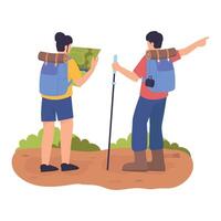 Two campers study a map to navigate their hiking trail in the wilderness. vector