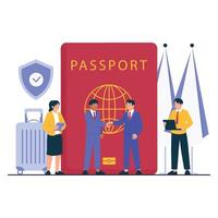 Two diplomats shake hands in front of a large passport, symbolizing international agreement and global cooperation. vector