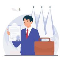 A diplomat proudly holds a signed peace agreement certificate, standing next to a briefcase and national flags. vector