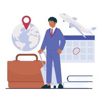A diplomat prepares for international travel with luggage, a marked calendar, and a globe showing destination. vector