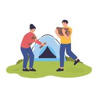 Campers collecting firewood together in front of their tent to prepare for a campfire vector