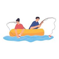 A couple sitting in a canoe while fishing on a calm lake, enjoying the peaceful moment. vector