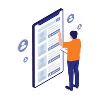 Man using a tablet to add friends on a digital social media platform. vector