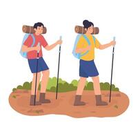A man and woman hiking together with backpacks and trekking poles through the forest. vector