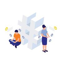 Users engaging with trending hashtags and social posts online. vector