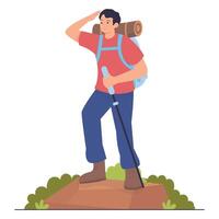 A man with a backpack and hiking stick looking into the distance on a nature trail. vector