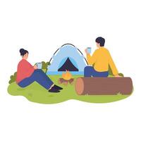 A couple enjoying a warm drink by the campfire with a tent in the background during camping. vector