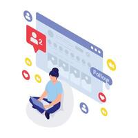 Woman checking profile engagement and follower updates on a social platform. vector