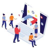 Group of people interacting with a social post designed to attract attention. vector