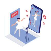 Woman performing live in front of a camera with real-time engagement on social media. vector