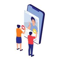 Two users reacting to a shared photo on social media using mobile devices. vector