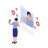 Woman taking a selfie and sharing it on social media to receive reactions. vector