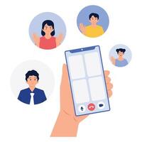 A smartphone screen displaying a group call with four participants. vector