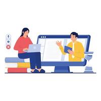 A student joining an online educational session with a mentor. vector