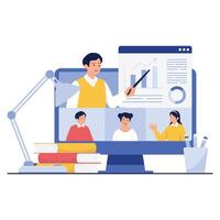 Online meeting with a presenter showing graphs and charts to participants. vector