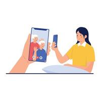 A woman having a call with elderly family members using a mobile phone. vector