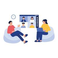 Two people in a cozy setting attending a virtual meeting on a large screen. vector