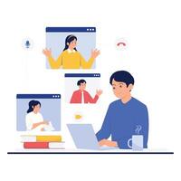 A man joining a virtual team call using his laptop. vector