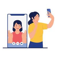A young woman smiling while having a call on her smartphone. vector