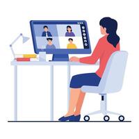 A woman attending a virtual meeting from her desk using a desktop computer. vector