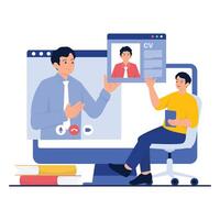 A man attending an online job interview and presenting his resume. vector