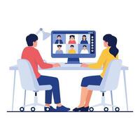 A man and a woman participating in an online group conference together. vector