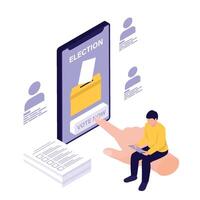 A person casts a vote online through a mobile phone interface showing a ballot box. vector