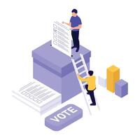 Voters are shown submitting their paper ballots into a large ballot box via ladder. vector