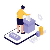 Woman casting a vote using a ballot box through a mobile voting platform with charts and options. vector