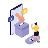 A digital ballot allows a woman to choose between two options using a mobile phone. vector