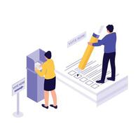 Voters participating in a polling station by marking ballots and selecting options. vector