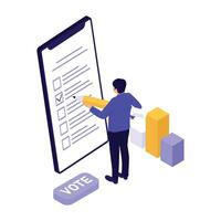 Man filling out a digital voting form on a smartphone with statistical elements around. vector