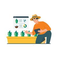 A farmer analyzes plant health and soil data through a digital dashboard to ensure optimal growth and irrigation. vector