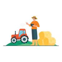 A smart tractor is wirelessly controlled by a farmer through a tablet, enhancing automation and field efficiency. vector