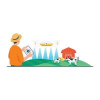 Drones are used by farmers to monitor cattle and land conditions from the sky using tablet-based systems. vector