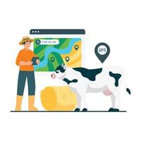 A farmer uses GPS technology to track livestock location in real time via a digital map and tablet. vector