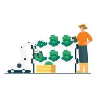 A robotic arm helps a farmer harvest crops efficiently using automated technology in a smart farming environment. vector