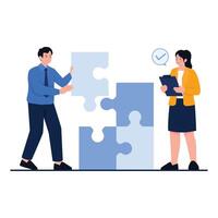 A man and woman collaborate to complete a large puzzle, symbolizing teamwork and strategic problem-solving in business. vector