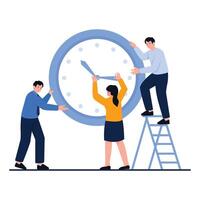 A group of employees adjusts a large clock together, illustrating collaboration in managing time efficiently. vector