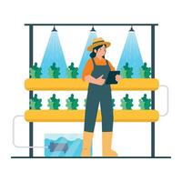 A farmer monitors plant growth in a hydroponic system using tablet-based controls for water and lighting. vector