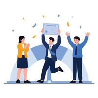 Happy employees cheer as a colleague raises a certificate, representing professional success and recognition. vector