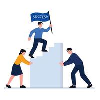 A team helps one member climb stairs while holding a success flag. vector